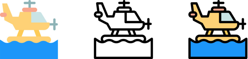 Helicopter, ocean vector icon in different styles. Line, color, filled outline