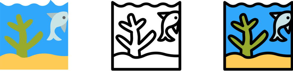 Coral, fish, ocean vector icon in different styles. Line, color, filled outline