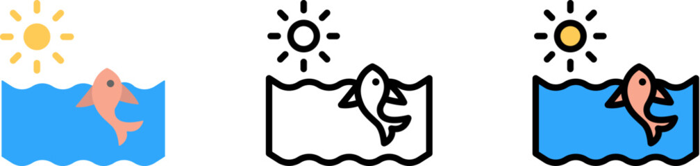 Fish, sun, ocean vector icon in different styles. Line, color, filled outline