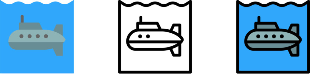 Submarine, ocean vector icon in different styles. Line, color, filled outline