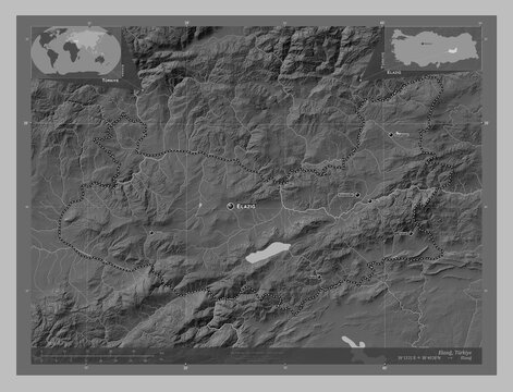 Elazg, Turkiye. Grayscale. Labelled points of cities