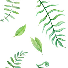 Seamless Pattern of Hand Drawn Green Watercolor Tropical Leaves