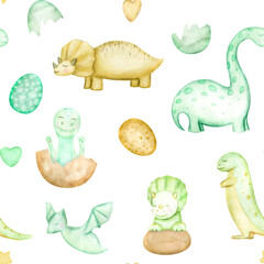 Watercolor Seamless Pattern With Cute Dinosaurs