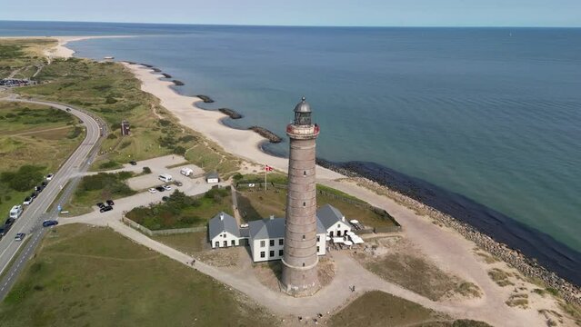 Aerial Skagen Lighthouse with Grenen Beach and Tip