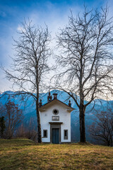 Chiusaforte and the little church of Raunis seen from above. Friuli