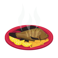 Israeli food. St. Peter's fish. Galilean tilapia. Fried fish with potatoes, vegetables and lemon. Vector graphic.