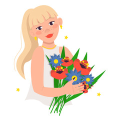 Beautiful woman holds a bouquet of flowers in her hands. Blonde with bangs. Vector graphic.