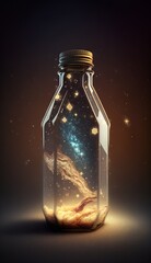 Magic potion in a glass bottle with fire and smoke on dark background. Generative AI