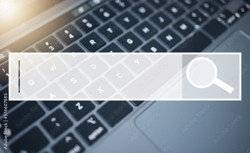 Poster laptop, keyboard and search bar for research, question or query on information, data or knowledge on