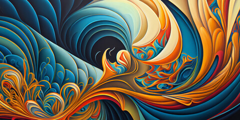 Abstract colorful wave floral pattern decorations with grunge texture and details for background wallpaper or backdrop. Tropical exotic flowers in bright colors. Generative ai.