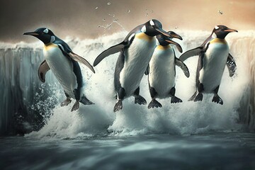 Obraz premium Wild Penguins Jumping Along Rocky Coastline by the Cold Ocean