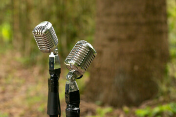 Microphone with bokeh and natural background selective focus