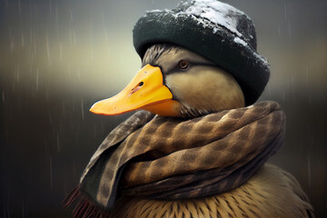 Portrait of a duck in a warm hat and scarf. AI generated