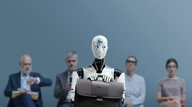 Business people and humanoid robot waiting for a job interview