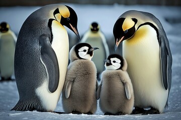 Obraz premium Parent Penguins Nurturing their Baby in the Antarctic