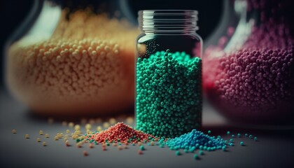 Plastic raw materials. Biodegradable plastic grains in a range of colors are spread out on a lab surface. Generative Ai.