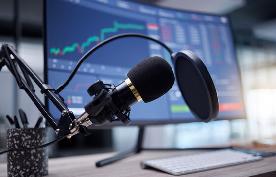 Microphone, studio and computer screen for podcast, radio or audio news on stock market update background. Mic, sound technology and pc monitor for broadcast, trading review and algorithm statistics