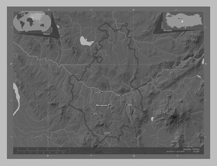 Nevsehir, Turkiye. Grayscale. Labelled points of cities