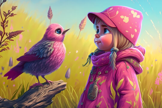 a litle girl with bird, generative AI