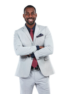 A handsome young black afro American male model in designer suit standing with crossed arms and promoting a clothing brand isolated on png background.