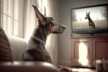 AI generated Cute doberman dog sitting on sofa and watching tv at home