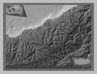 Rize, Turkiye. Grayscale. Labelled points of cities