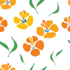 Seamless vector of flower, inspired by the shape of hibiscus flower. Retro style hand-drawn seamless pattern on white background.