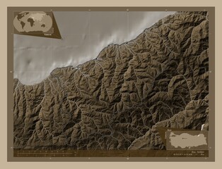 Rize, Turkiye. Sepia. Labelled points of cities