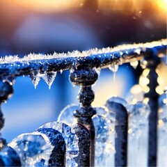 frosted railings at sunny winter day. Generative AI