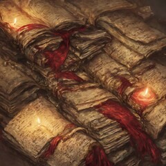 Ancient books pile, big ruby gem, lit candle, overgrowned by twigs, oil painting. Generative AI