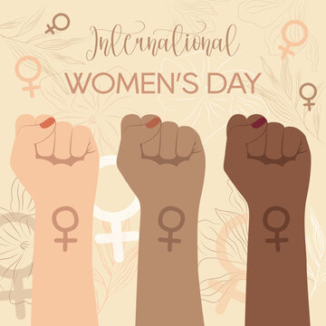 Vector congratulatory banner with female hands in a fist of different skin colors. Illustration for international women's day on a pink background with flowers.