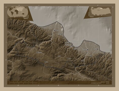Samsun, Turkiye. Sepia. Labelled points of cities
