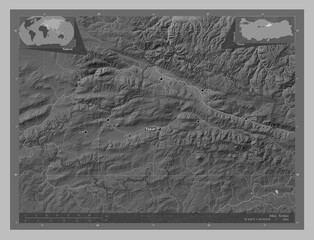 Tokat, Turkiye. Grayscale. Labelled points of cities