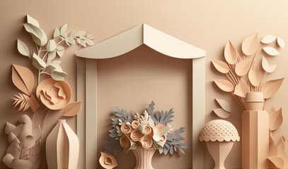 Wedding Banner Minimalist Design Plant Flower Floral Papercraft Concept Background Wallpaper, Generative AI.