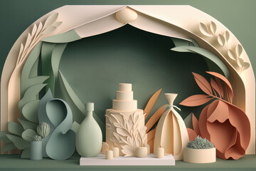 Fototapeta na wymiar Wedding Banner Minimalist Design Plant Flower Floral Papercraft Concept Background Wallpaper, Generative AI.
