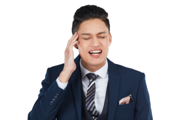 A businessman or corporate professional employee feeling frustrated due to mental health stress and headache isolated on a png background