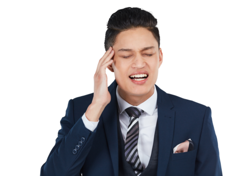 A businessman or corporate professional employee feeling frustrated due to mental health stress and headache isolated on a png background