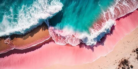 3D illustration of an Arial view of summer beach and blue ocean water. Generative Ai. - obrazy, fototapety, plakaty