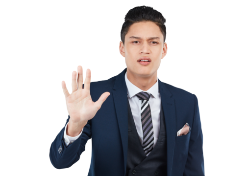 An angry young businessman or corporate employee in corporate suit standing with a stop or no gesture and safety warning isolated on a png background. - Powered by Adobe