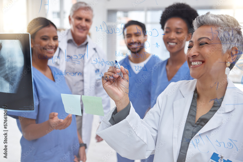 Wall mural Medical research, planning x ray or doctors writing on glass board, strategy working in hospital for future medicine. Happy smile, team work or nurses meeting for health innovation or ideas together