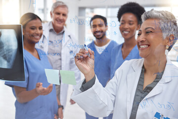 Medical research, planning x ray or doctors writing on glass board, strategy working in hospital...