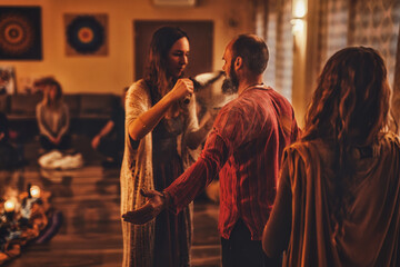 incense in a woman hand, ceremony space.