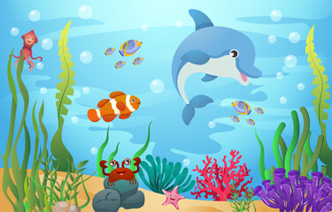Fototapeta na wymiar Sea life animals with ocean scene . Cartoon style . Vector .