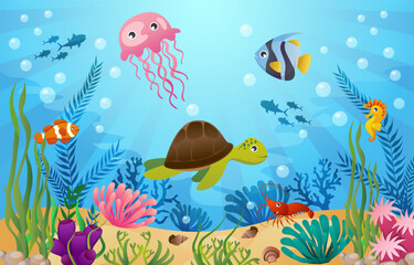 Fototapeta na wymiar Sea life animals with ocean scene . Cartoon style . Vector .