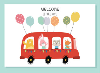 Cute animal with school bus.Happy birthday, holiday, baby shower celebration greeting and invitation card.Vector illustrations.
