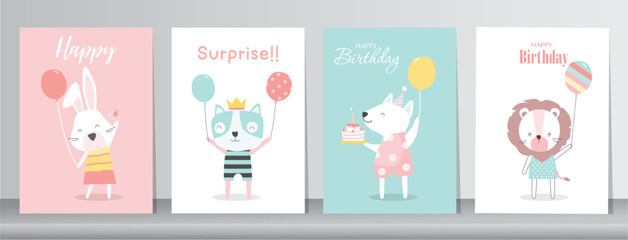 Set of happy birthday, holiday, baby shower celebration greeting and invitation card.Cute animals with balloon design.Vector illustrations.