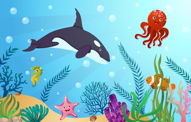Obraz na płótnie Canvas Sea life animals with ocean scene . Cartoon style . Vector .