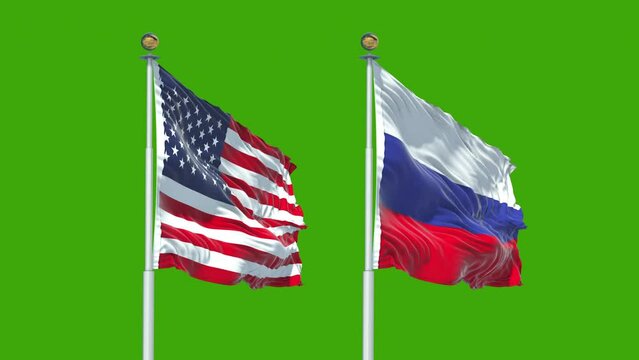 The American and Russian flags are waving on a green screen background with a 4K resolution and 60 frames per second.