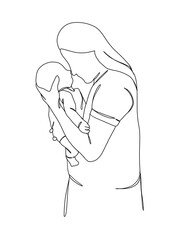 Continuous one line drawing of mom holding baby. Vector illustration.