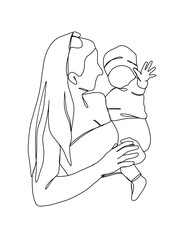 Continuous one line drawing of mom holding baby. Vector illustration.